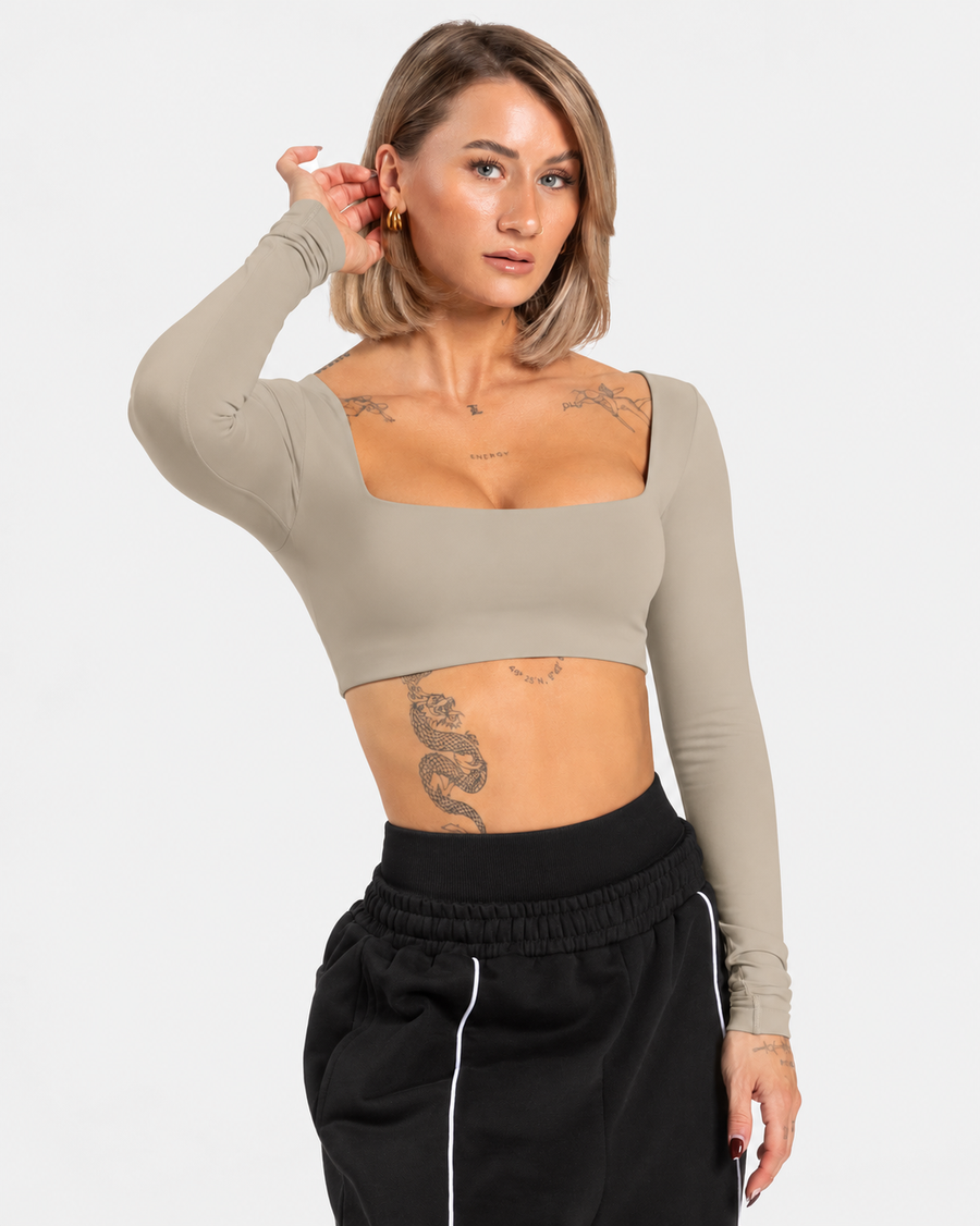 Petite Square Neck Long Sleeve Crop Top in Grey