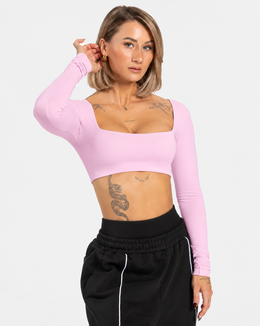 Petite Square Neck Long Sleeve Crop Top in Lavender
