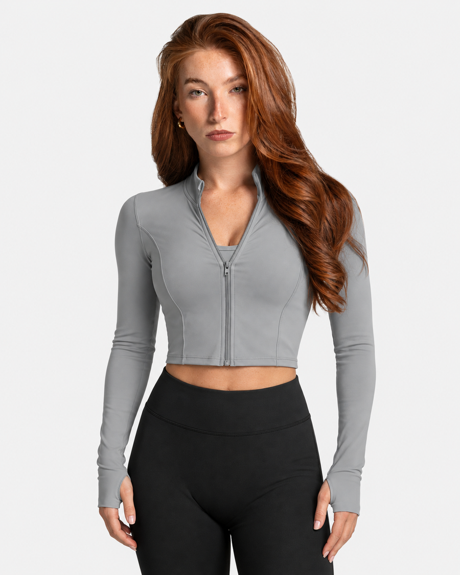 Petite Contour Zip Crop Top in Grey