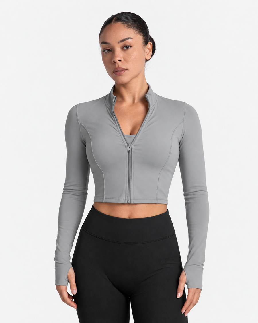 Petite Contour Zip Crop Top in Grey