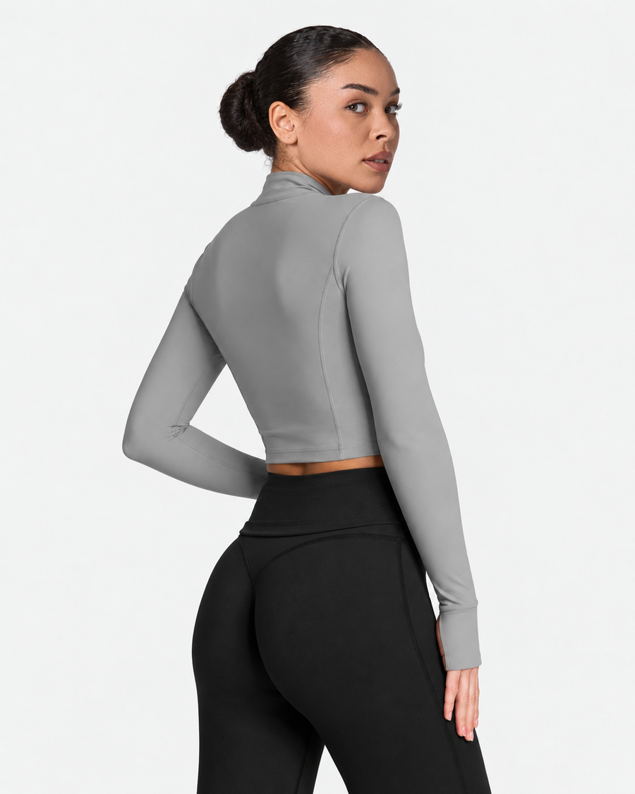 Petite Contour Zip Crop Top in Grey