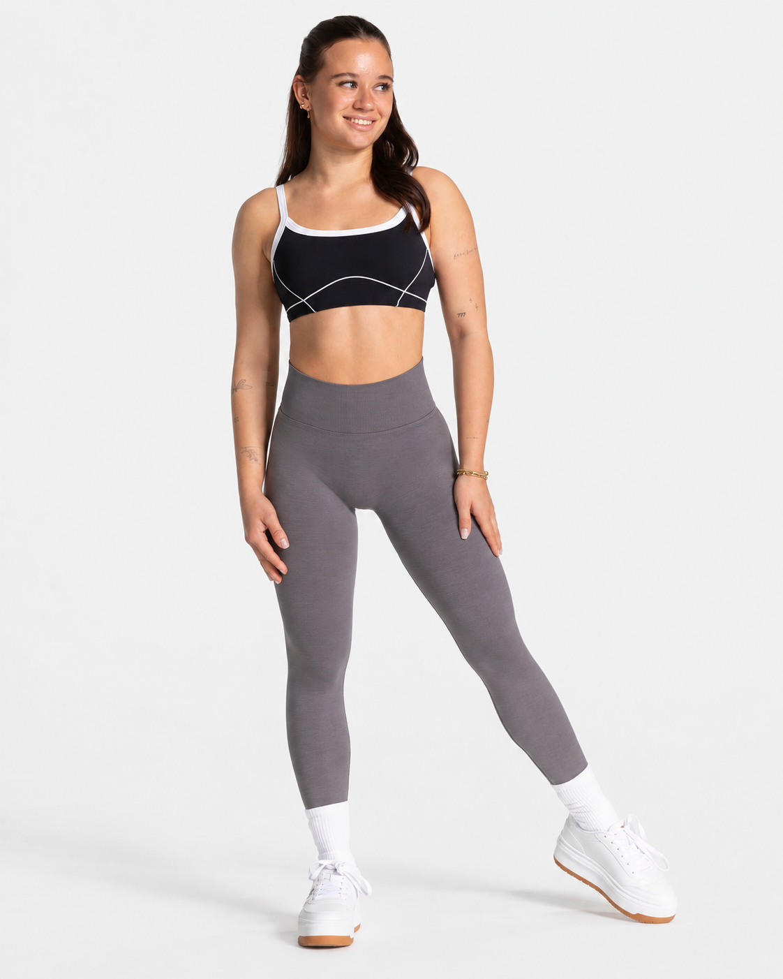 BEXIA Petite Contrast Trim Crop Top in Black — full-length front view