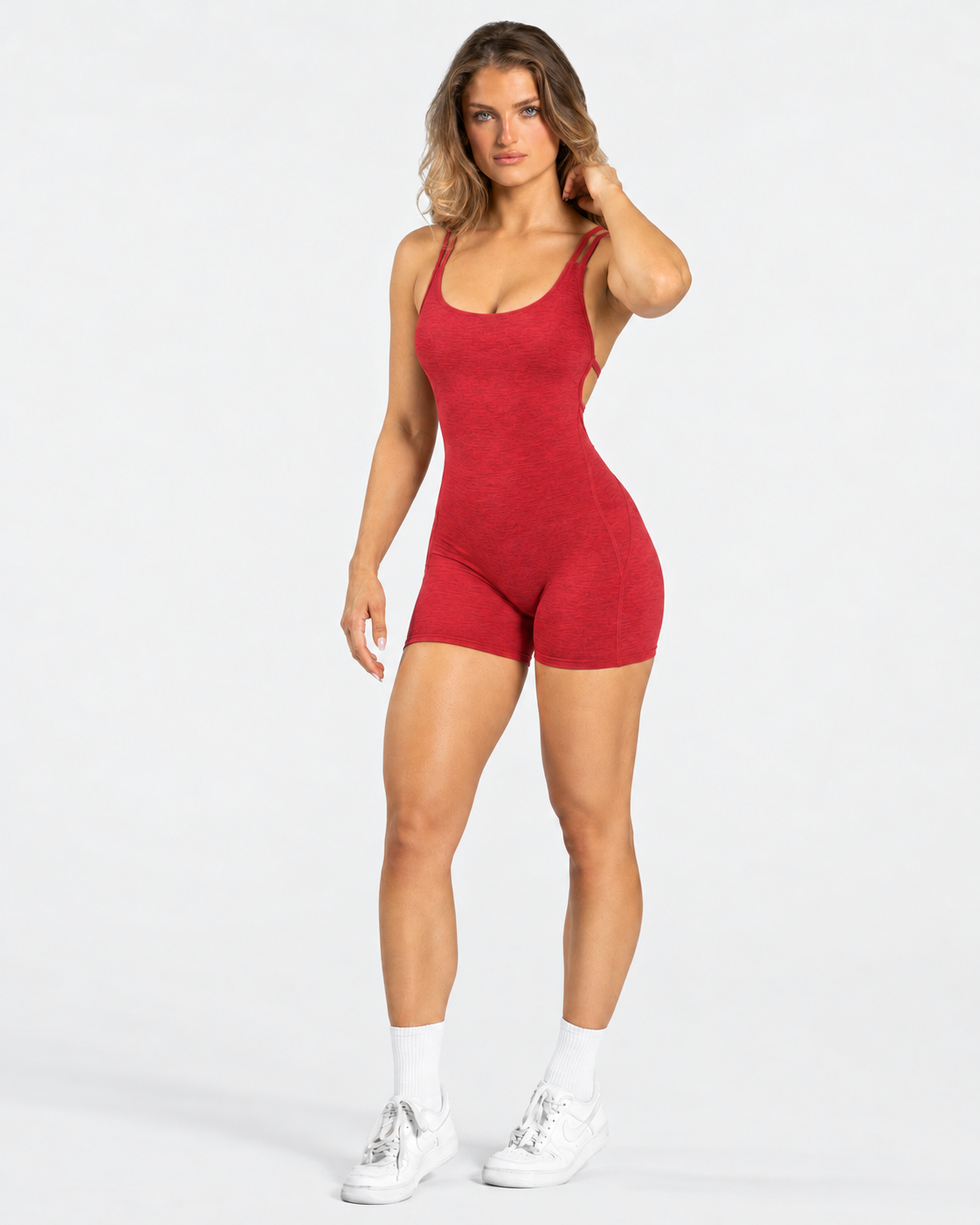 BEXIA Petite Cross Strap Back Romper in Red — full-length front view