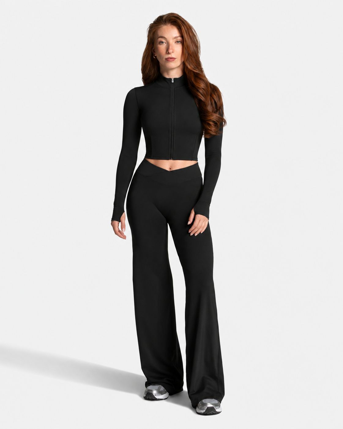 BEXIA Petite Curved Hem Zip Crop Jacket in Black — full-length front view