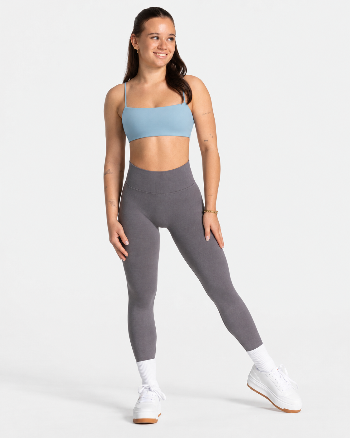 BEXIA Petite Padded Square Neck Cami Crop Top in Light Blue — full-length front view