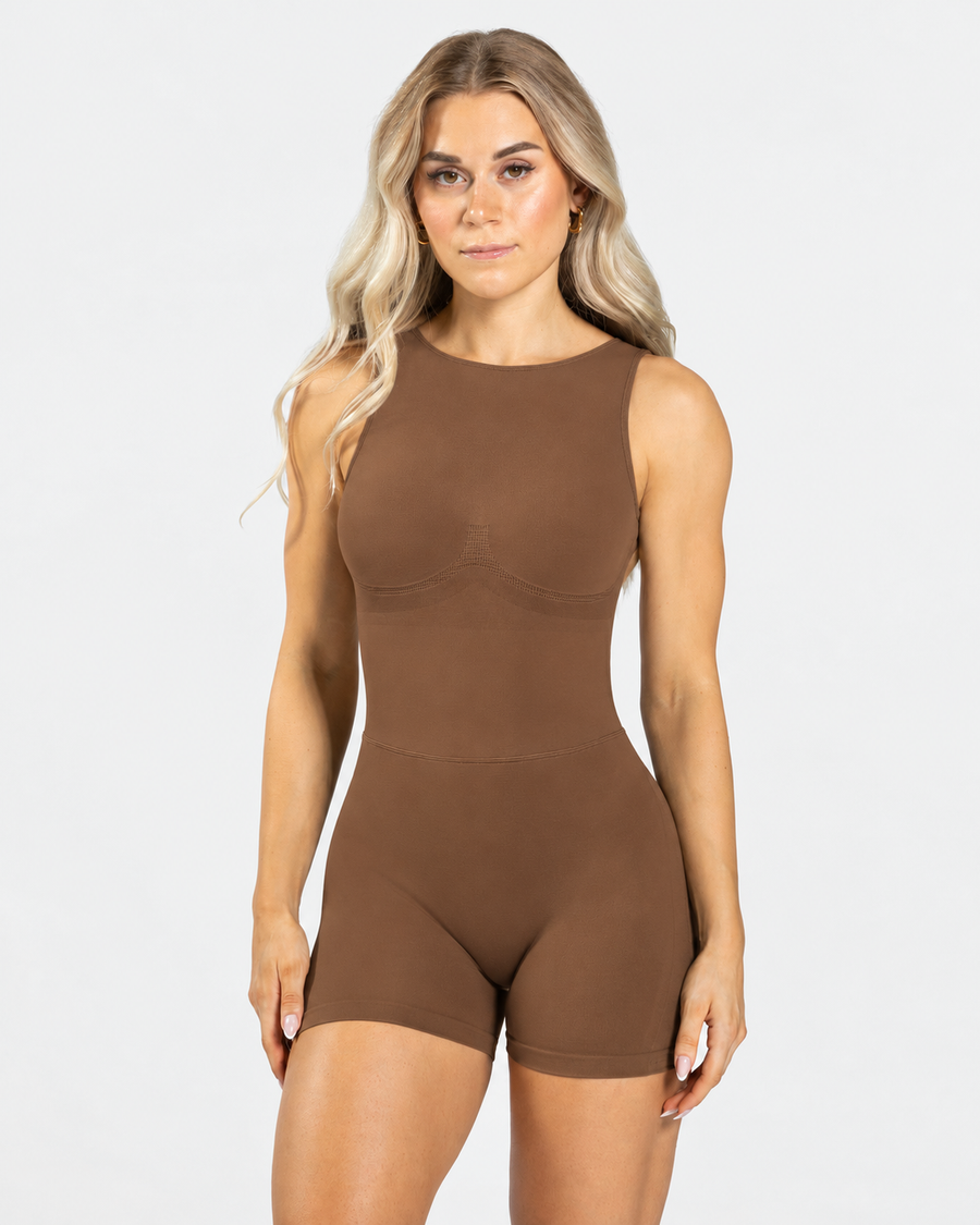 Petite Sculpt Open Back Romper in Brown