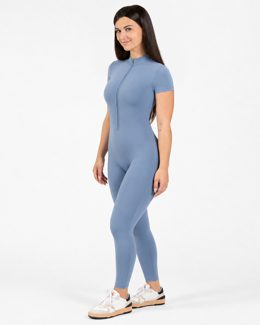 Petite Short Sleeve Zip Jumpsuit in Blue