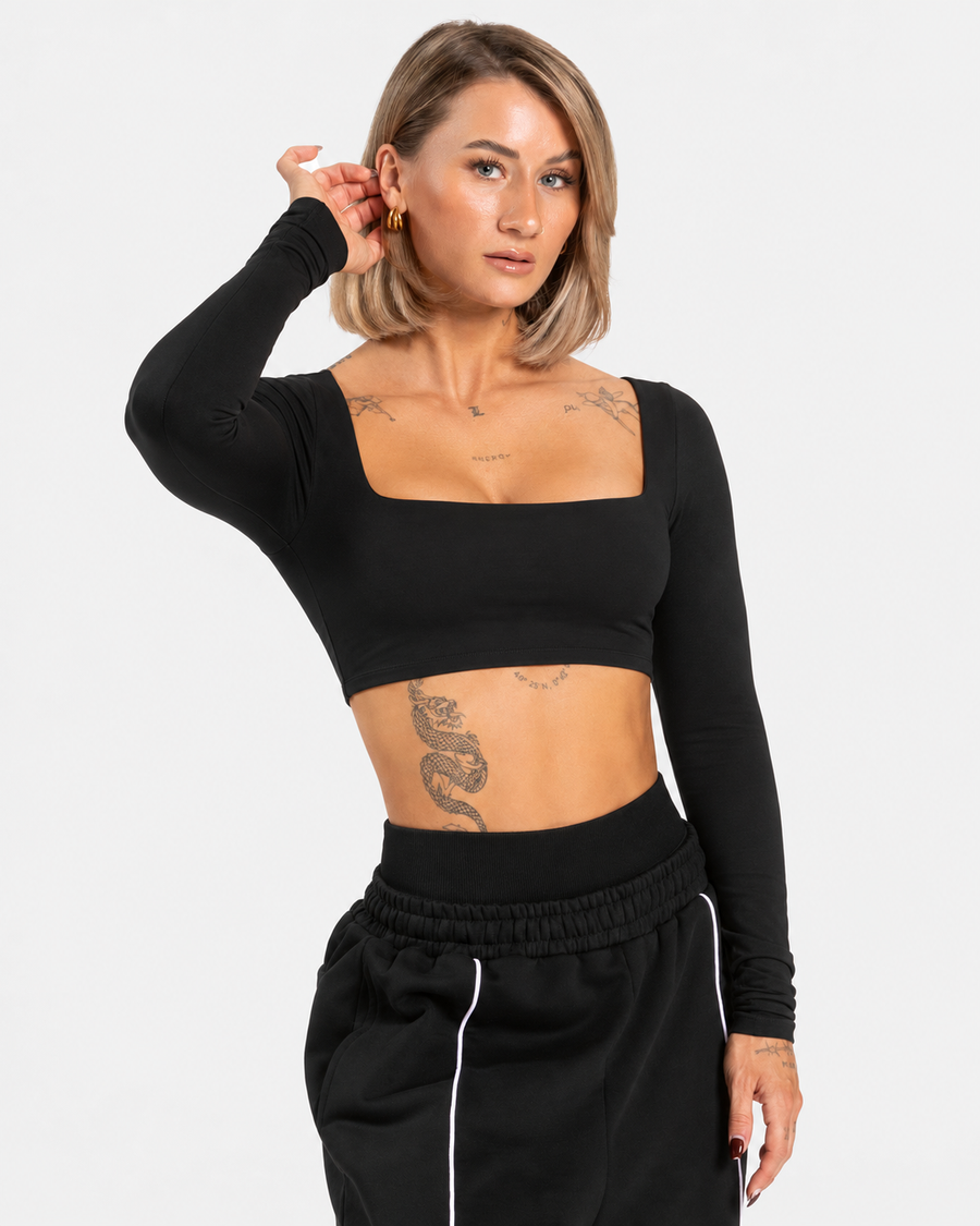Petite Square Neck Long Sleeve Crop Top in Black
