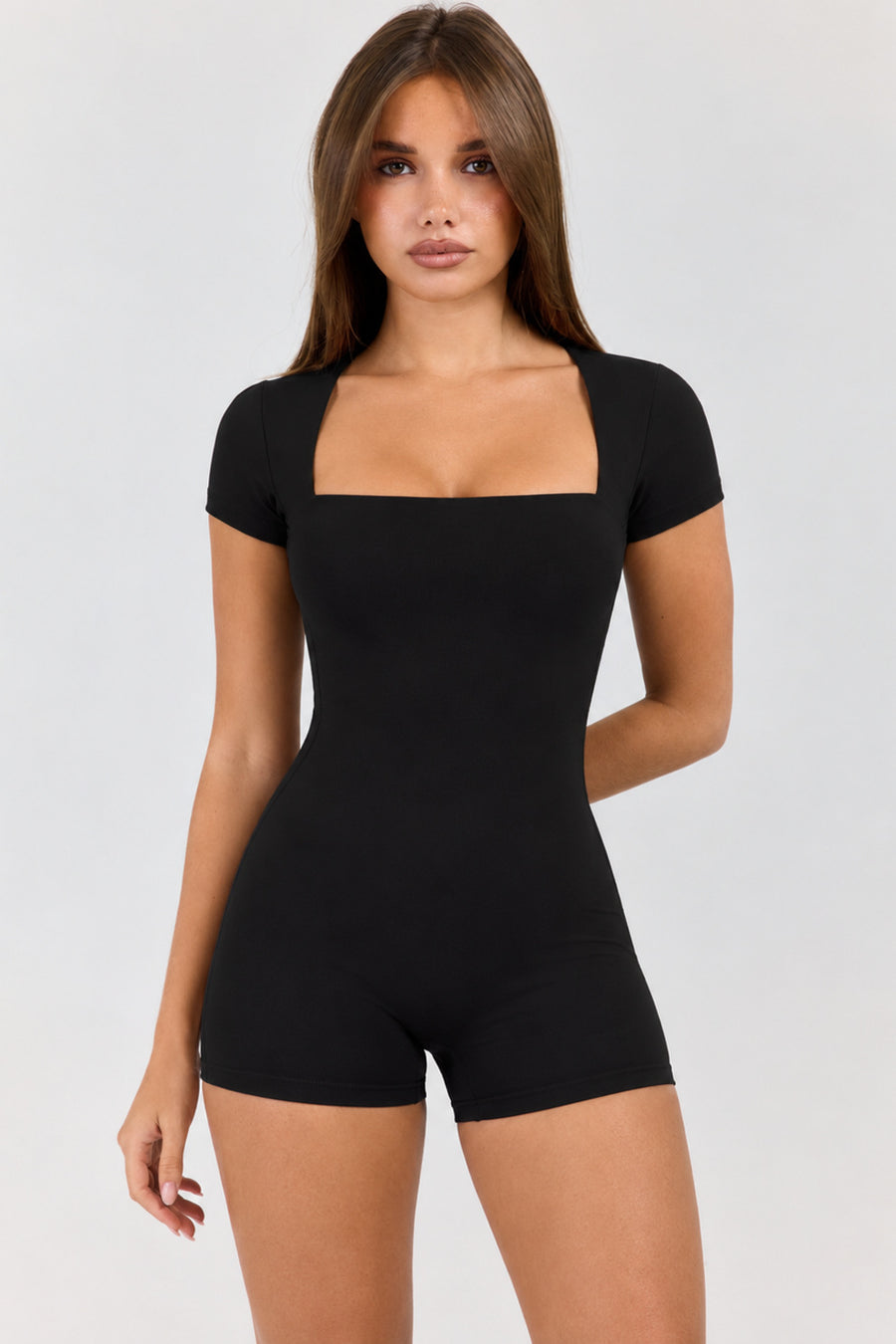 Petite Square Neck Short Sleeve Romper in Black