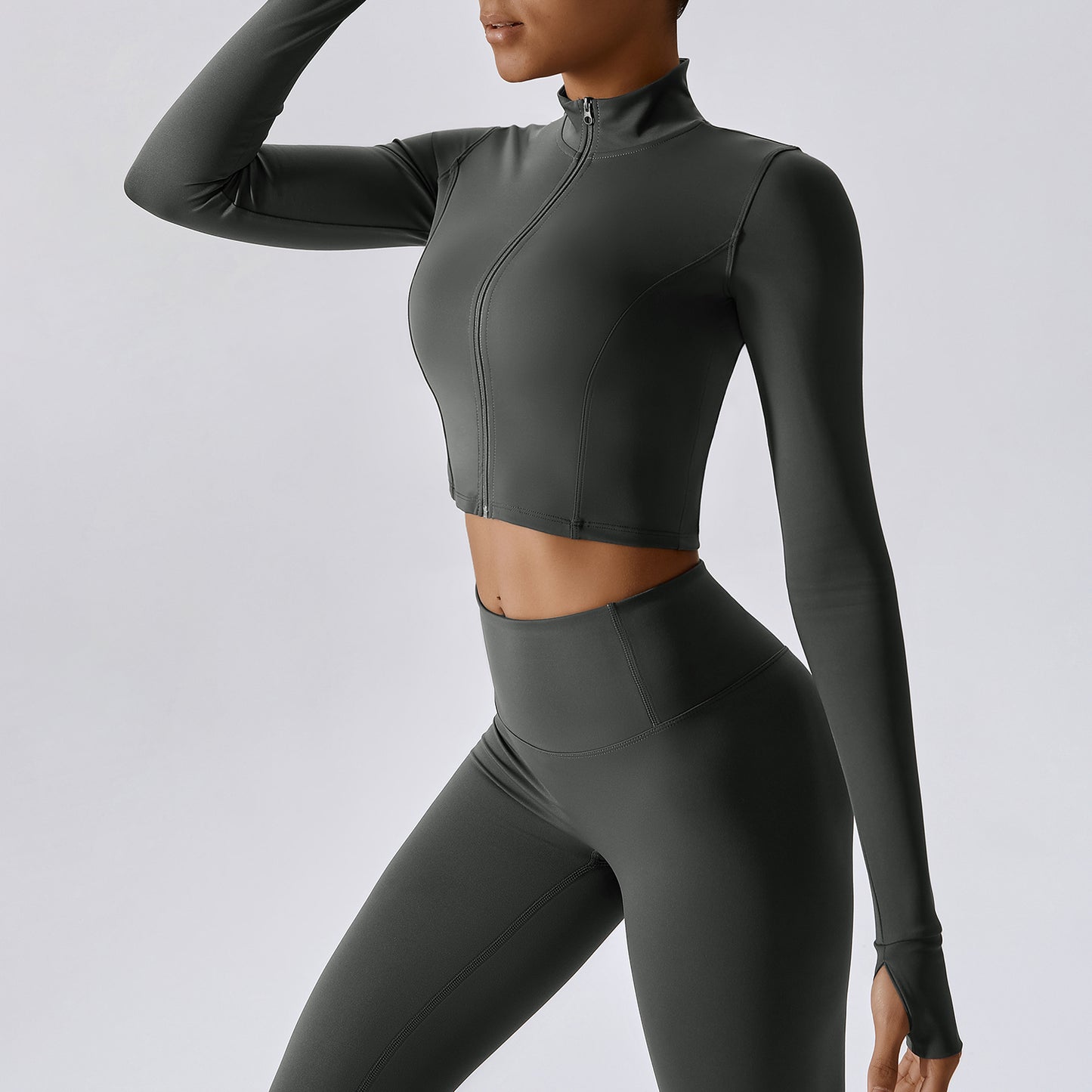 THUMBHOLE SLEEVES CROPPED ZIP UP RUNNING JACKET