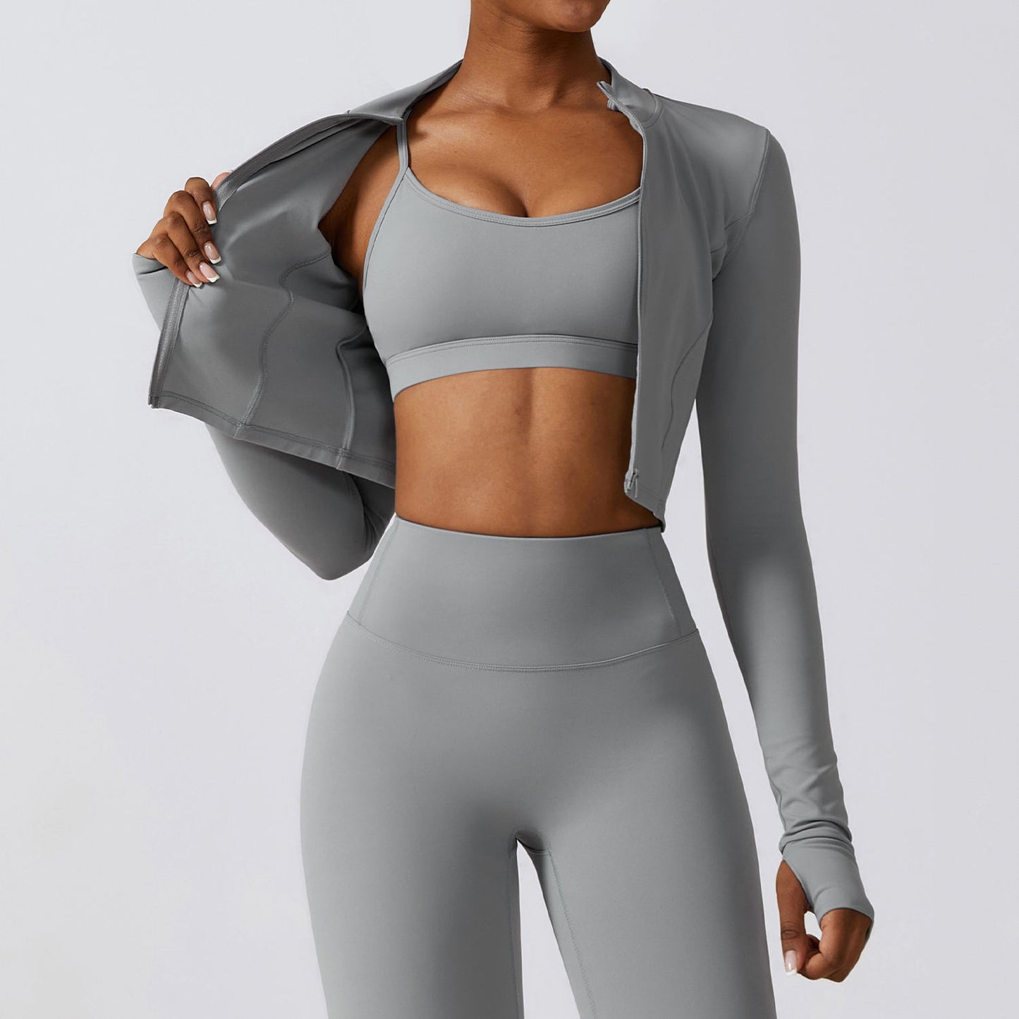 THUMBHOLE SLEEVES CROPPED ZIP UP RUNNING JACKET