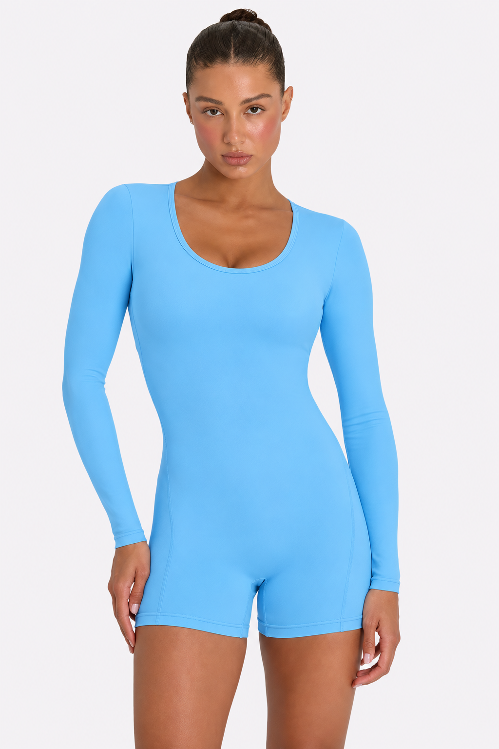 Petite Long Sleeve Open Back Romper in Sky Blue