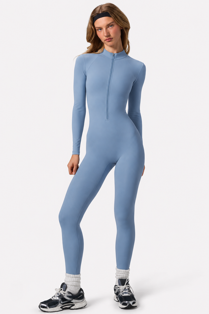 Petite Long Sleeve Zip Jumpsuit in Dusty Blue