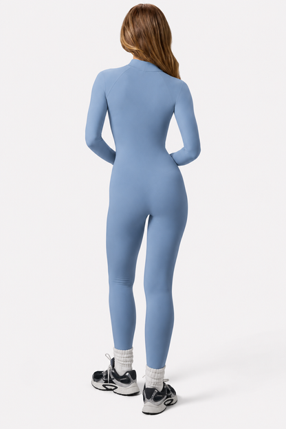 Petite Long Sleeve Zip Jumpsuit in Dusty Blue