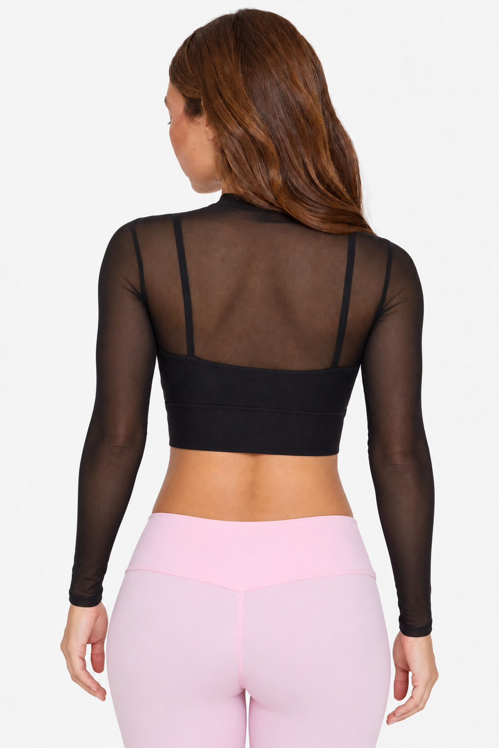 Petite Long Sleeve Mesh Crop Top in Black