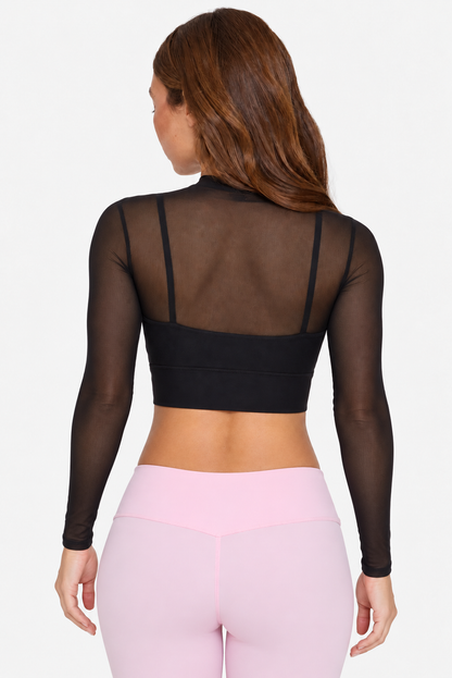 Petite Long Sleeve Mesh Crop Top in Black