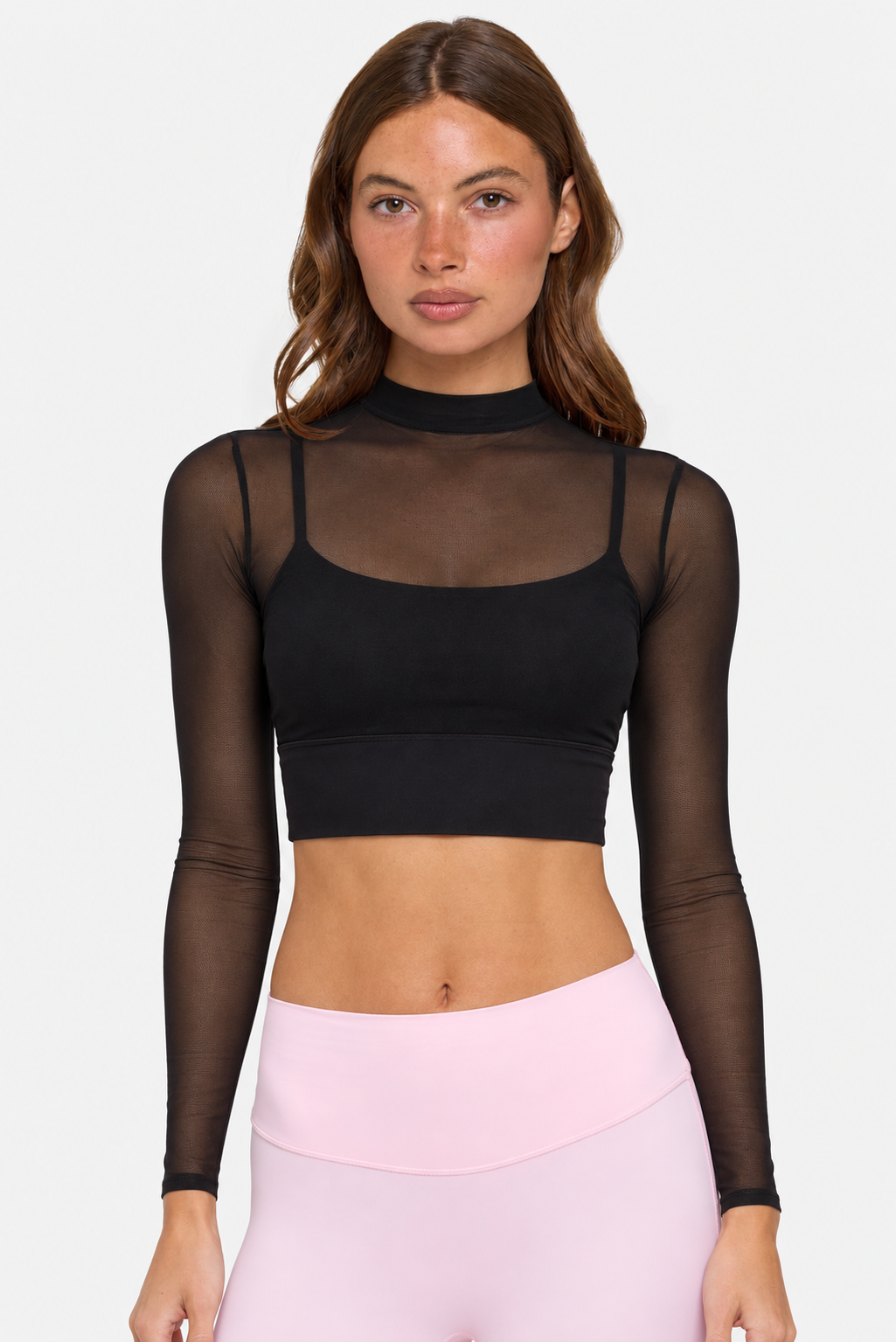 Petite Long Sleeve Mesh Crop Top in Black