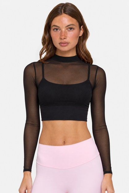 Petite Long Sleeve Mesh Crop Top in Black