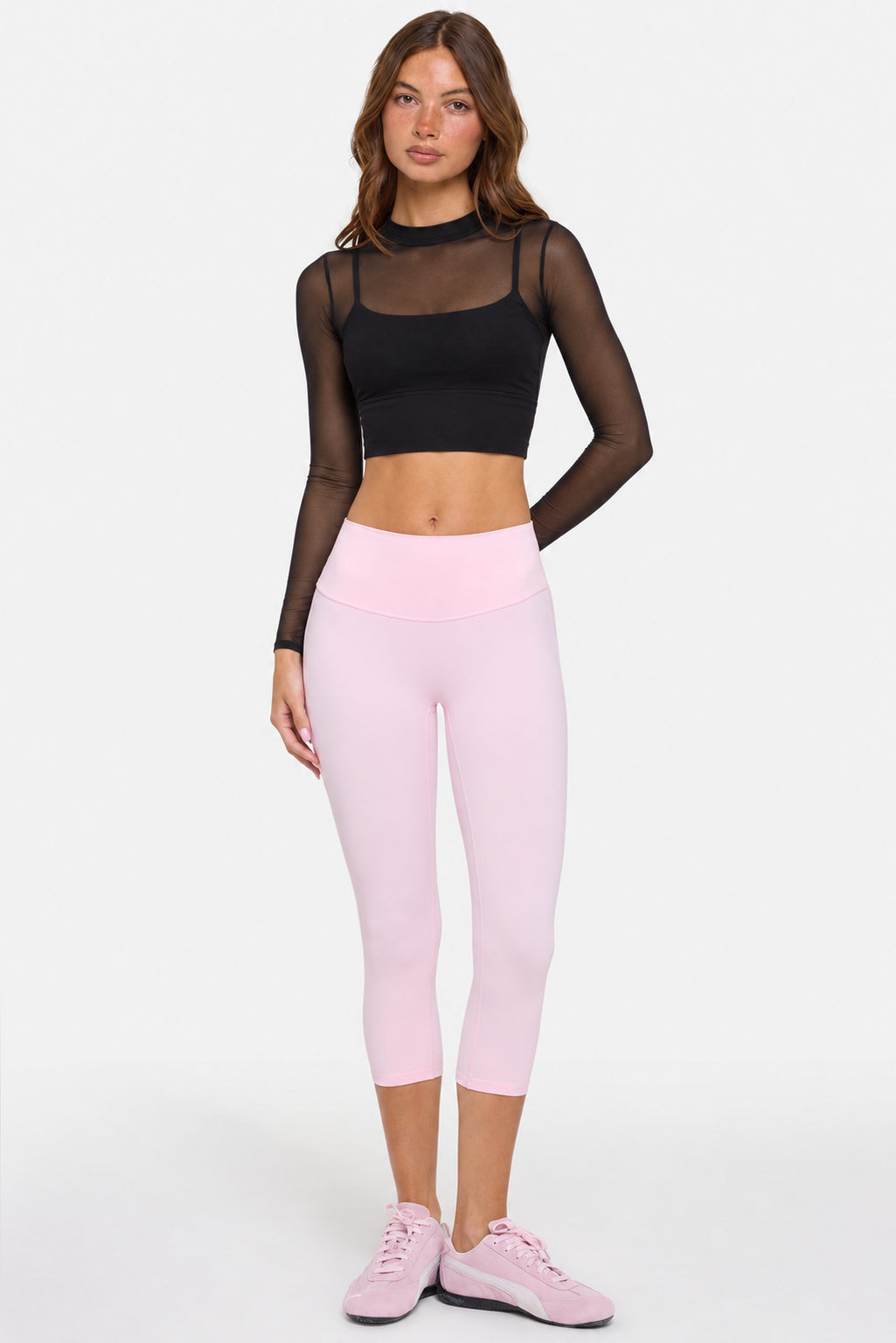 Petite Long Sleeve Mesh Crop Top in Black