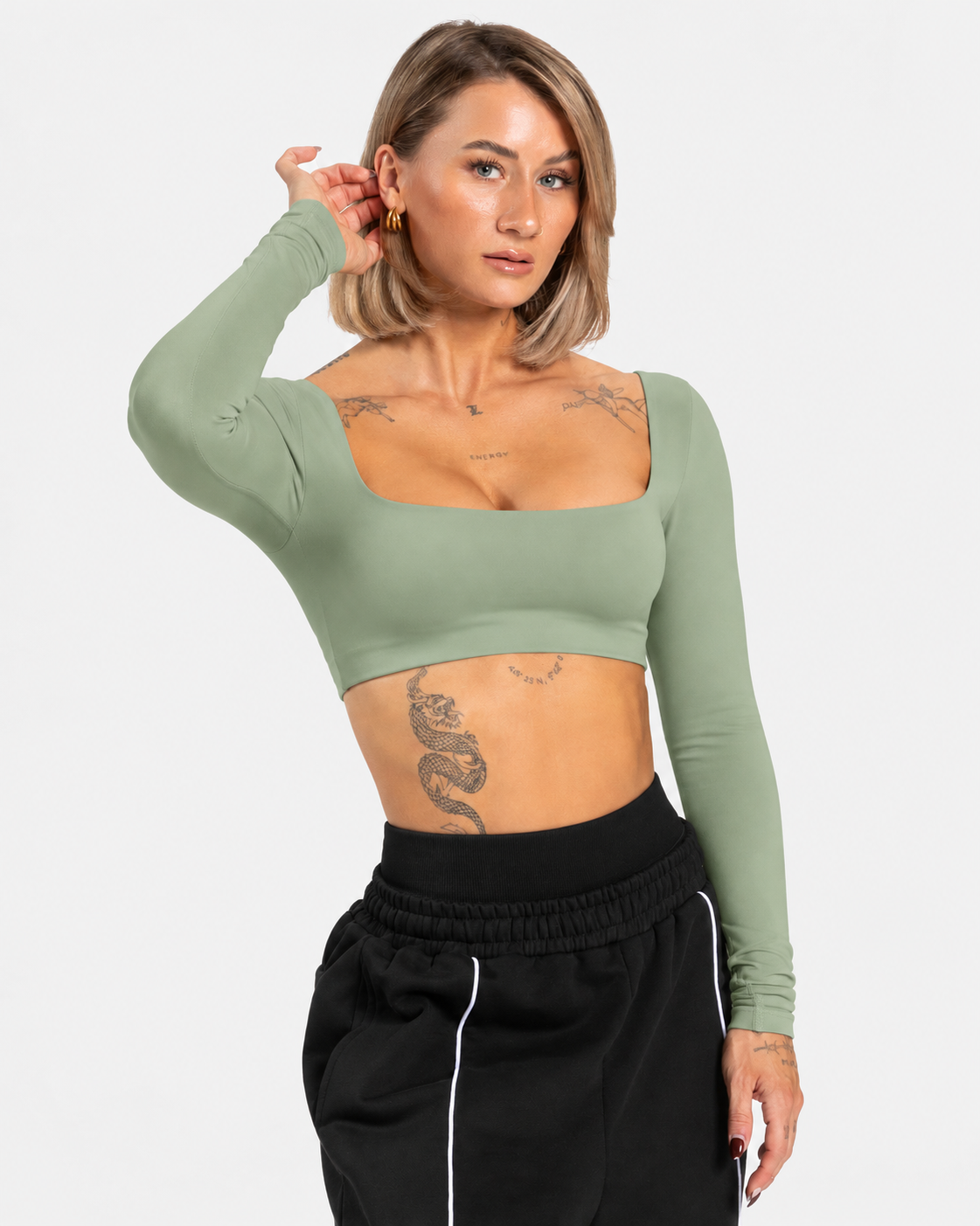 Petite Square Neck Long Sleeve Crop Top in Green – front view