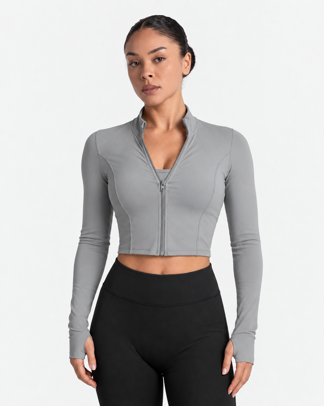 Petite Contour Zip Crop Top in Grey – front view