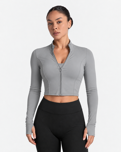Petite Contour Zip Crop Top in Grey – front view