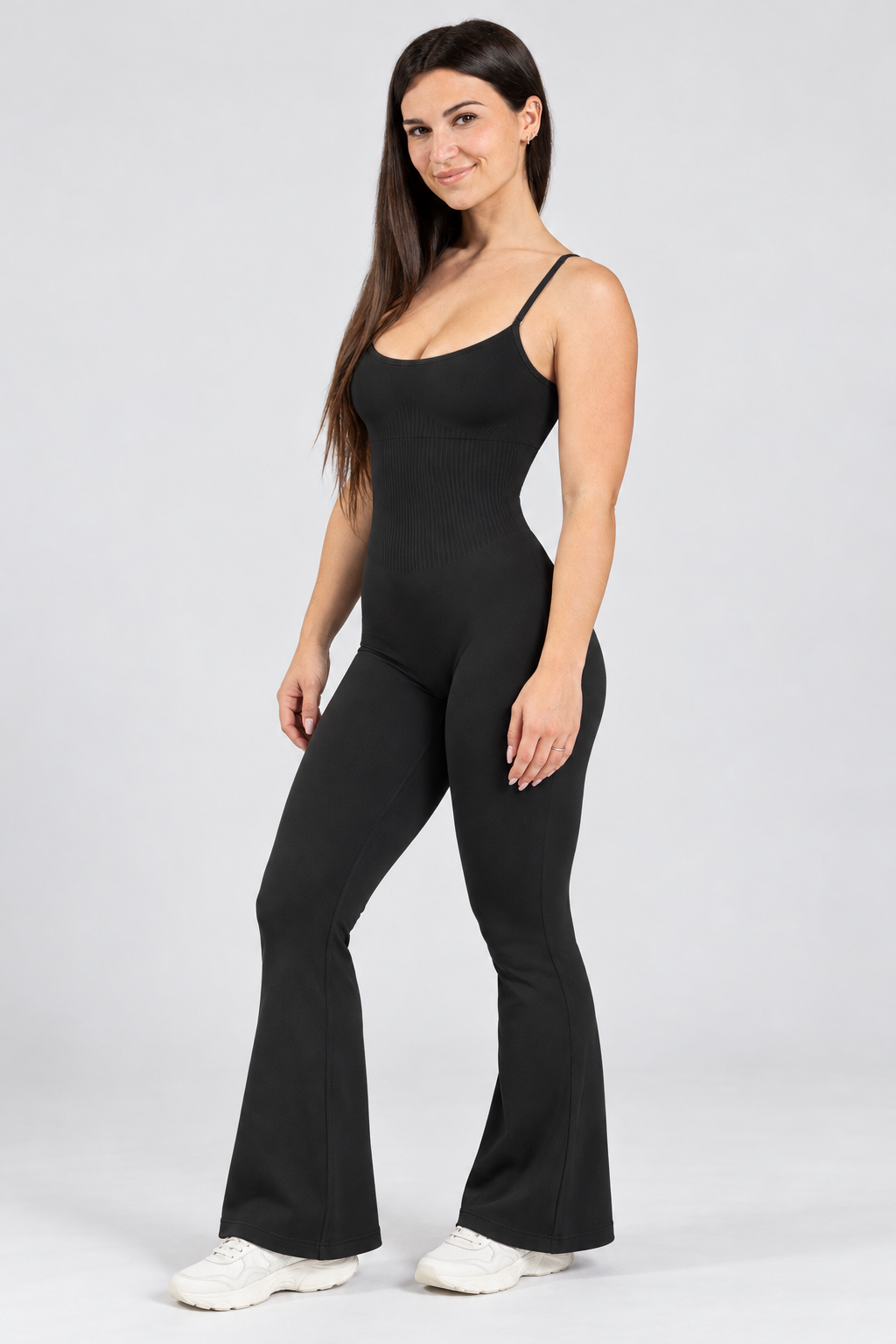 Contour flared cami jumpsuit in black, angled front view