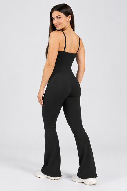 Contour flared cami jumpsuit in black, back view with adjustable straps