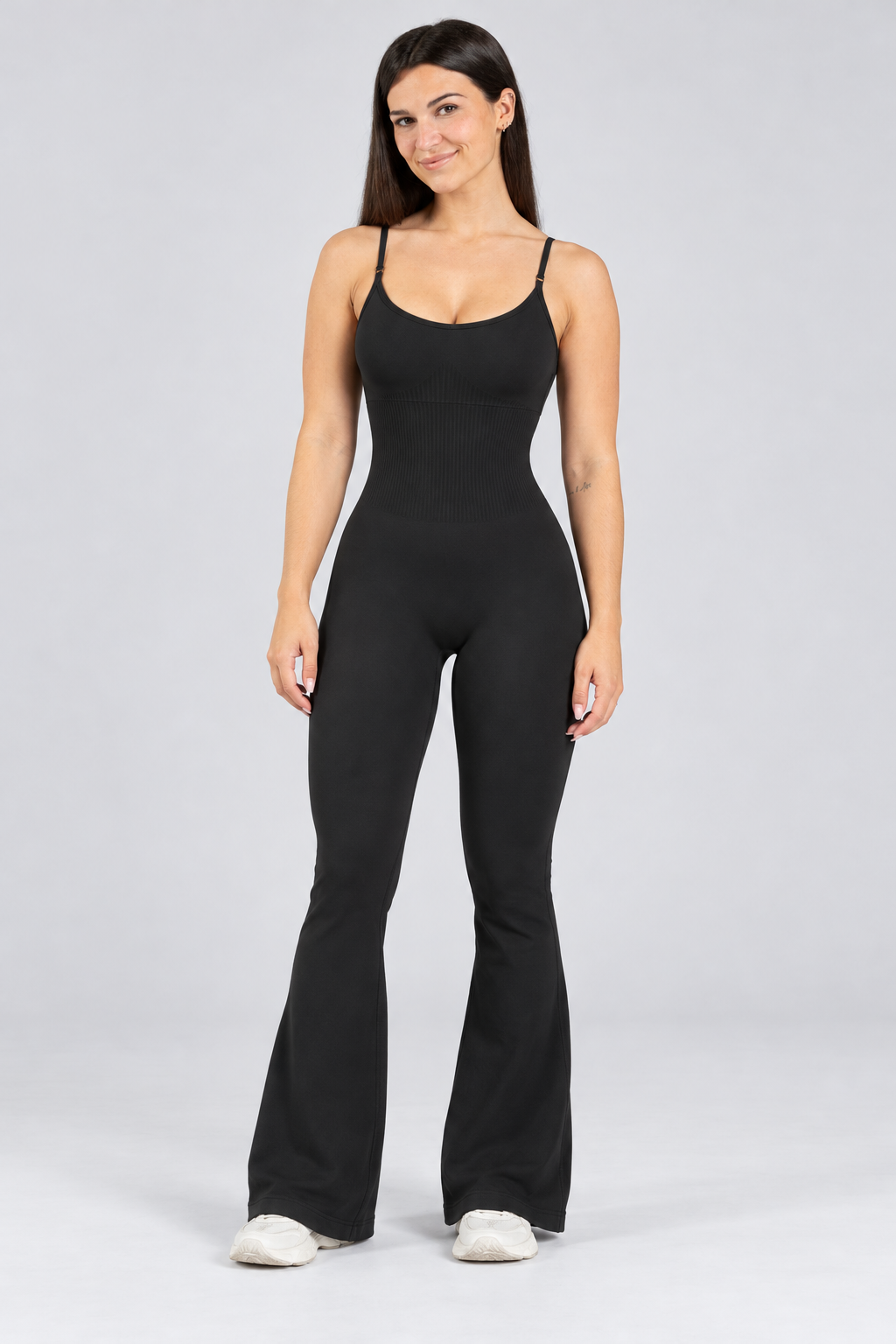 Contour flared cami jumpsuit in black, full-length front view