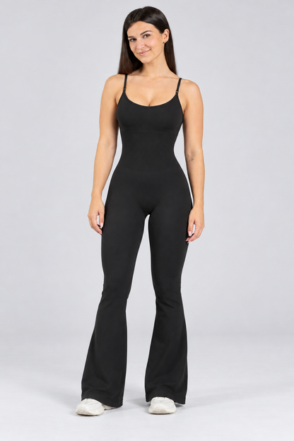 Contour flared cami jumpsuit in black, full-length front view