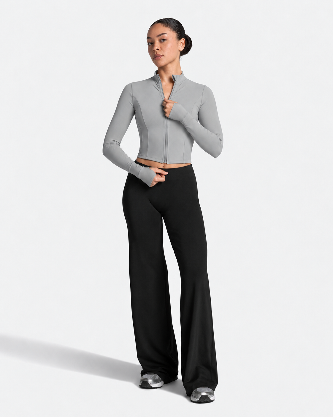BEXIA Petite Contour Zip Crop Top in Grey — full-length front view