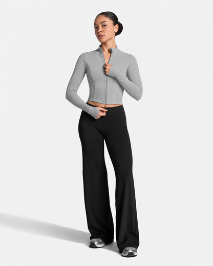BEXIA Petite Contour Zip Crop Top in Grey — full-length front view