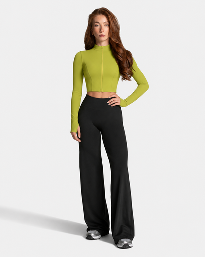 BEXIA Petite Contour Zip Crop Top in Lemon Ginger — full-length front view