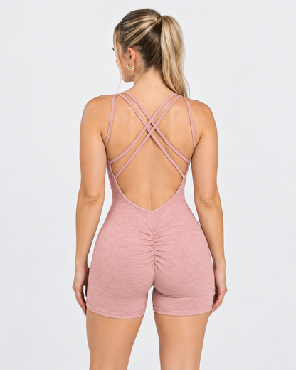 BEXIA Petite Cross Strap Back Romper in Latte — model back view
