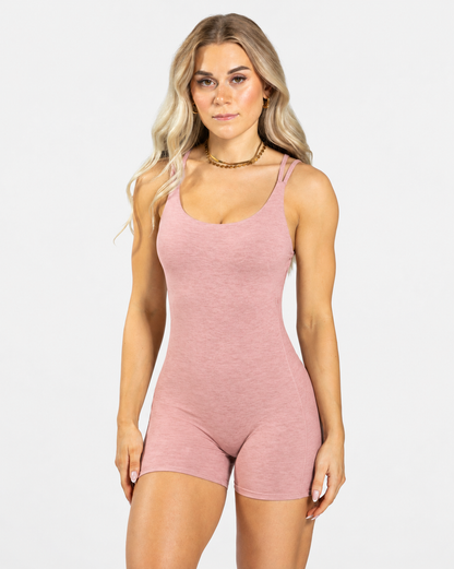 BEXIA Petite Cross Strap Back Romper in Latte — front view