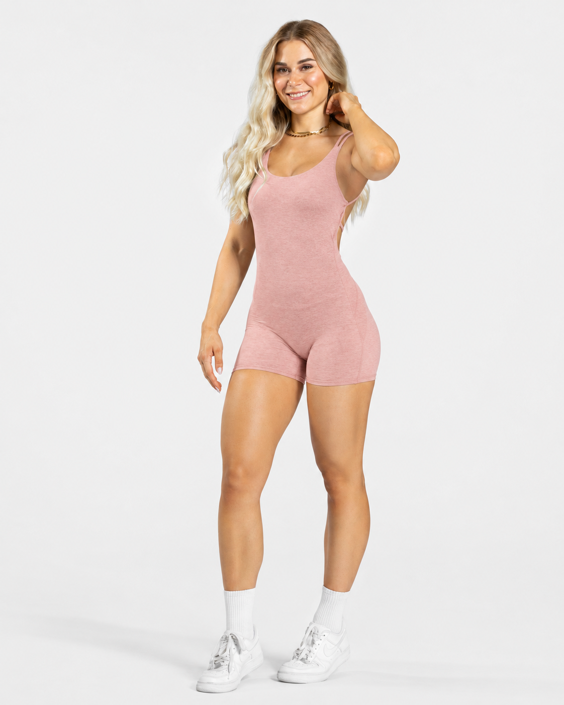 BEXIA Petite Cross Strap Back Romper in Latte — full-length front view