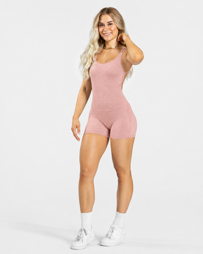 BEXIA Petite Cross Strap Back Romper in Latte — full-length front view
