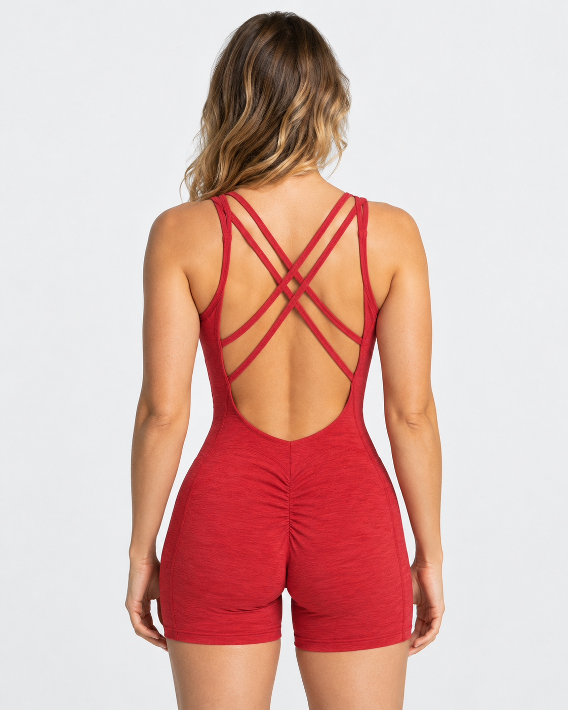 BEXIA Petite Cross Strap Back Romper in Red — model back view
