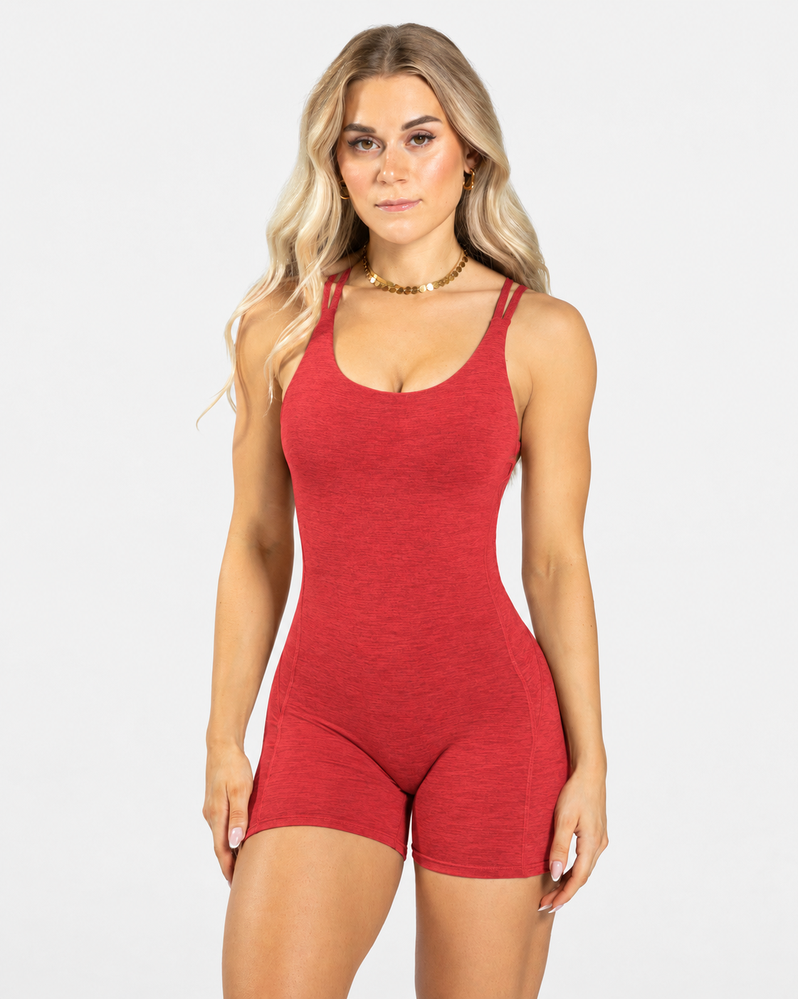 BEXIA Petite Cross Strap Back Romper in Red — front view