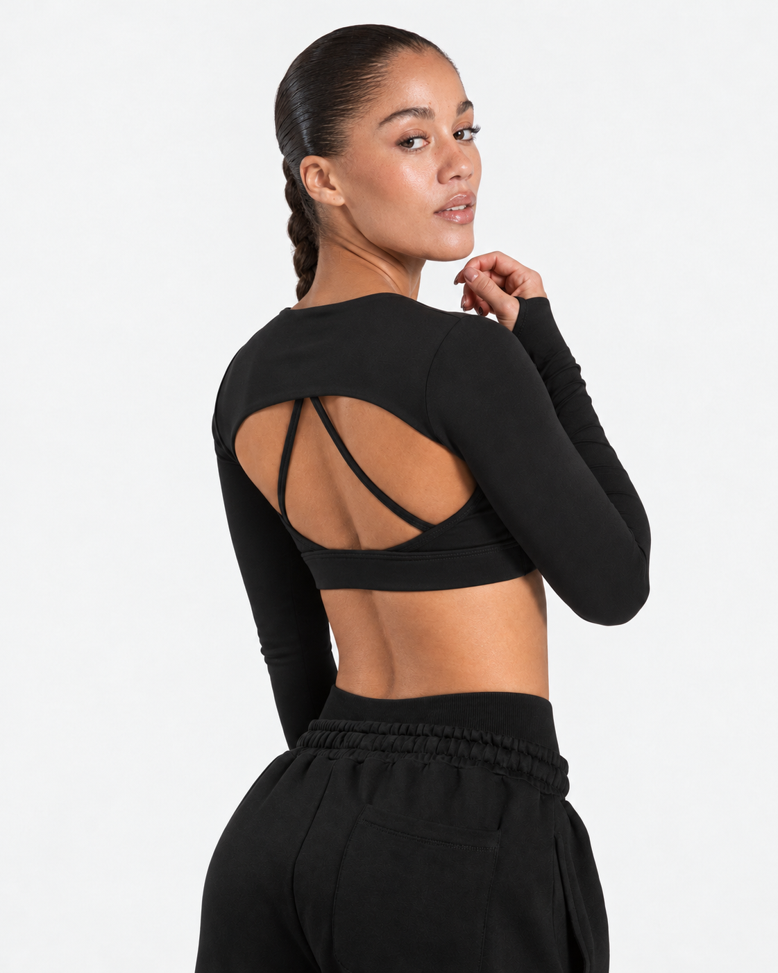 BEXIA Petite Cutout Thumbhole Sleeve Crop Top in Black — back view