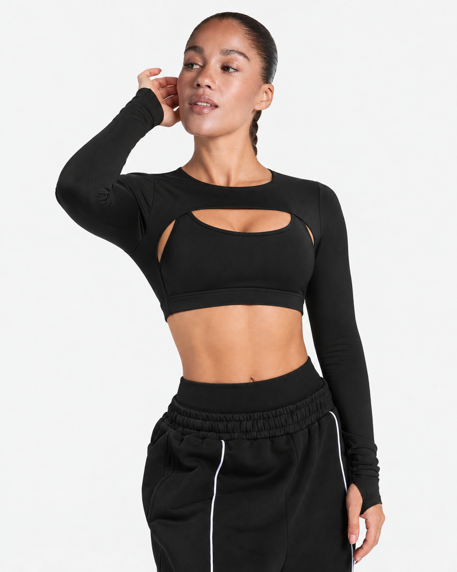Petite Cutout Thumbhole Sleeve Crop Top in Black