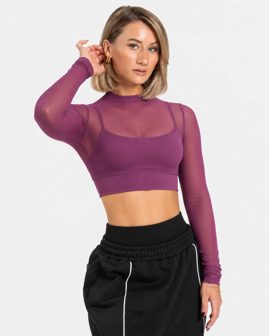 Petite Long Sleeve Mesh Crop Top in Purple