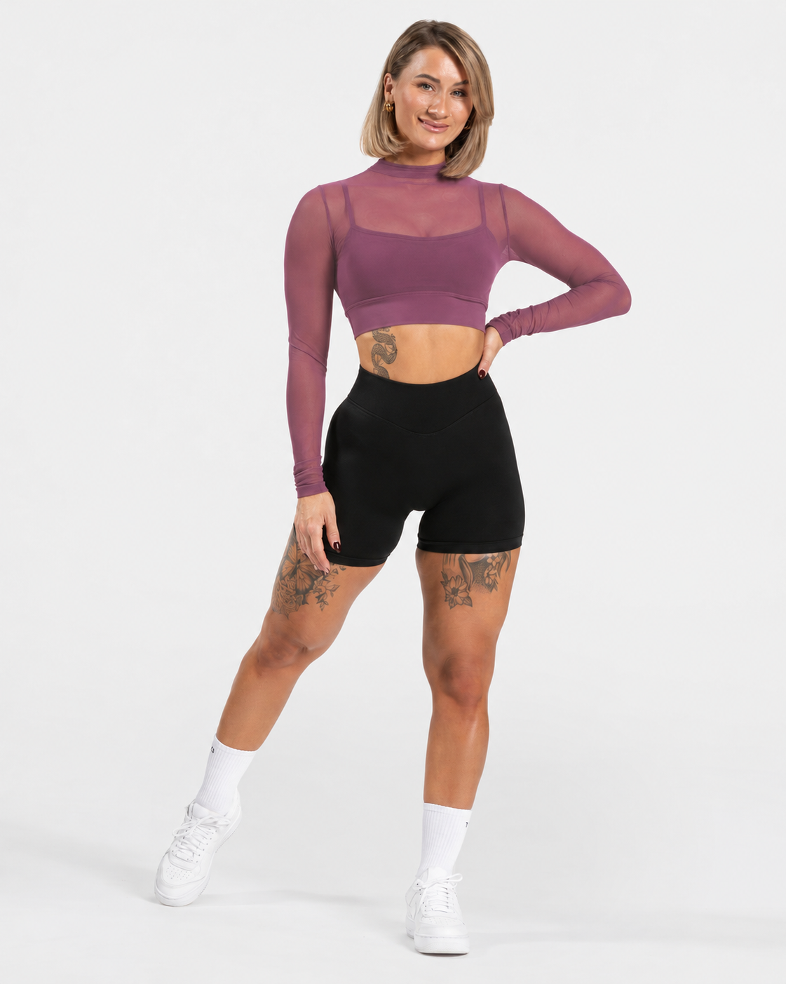BEXIA Petite Long Sleeve Mesh Crop Top in Purple — full-length front view