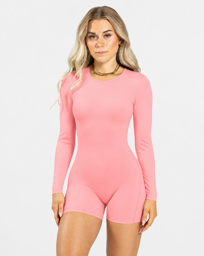 BEXIA Petite Long Sleeve Open Back Romper in Peach — front view