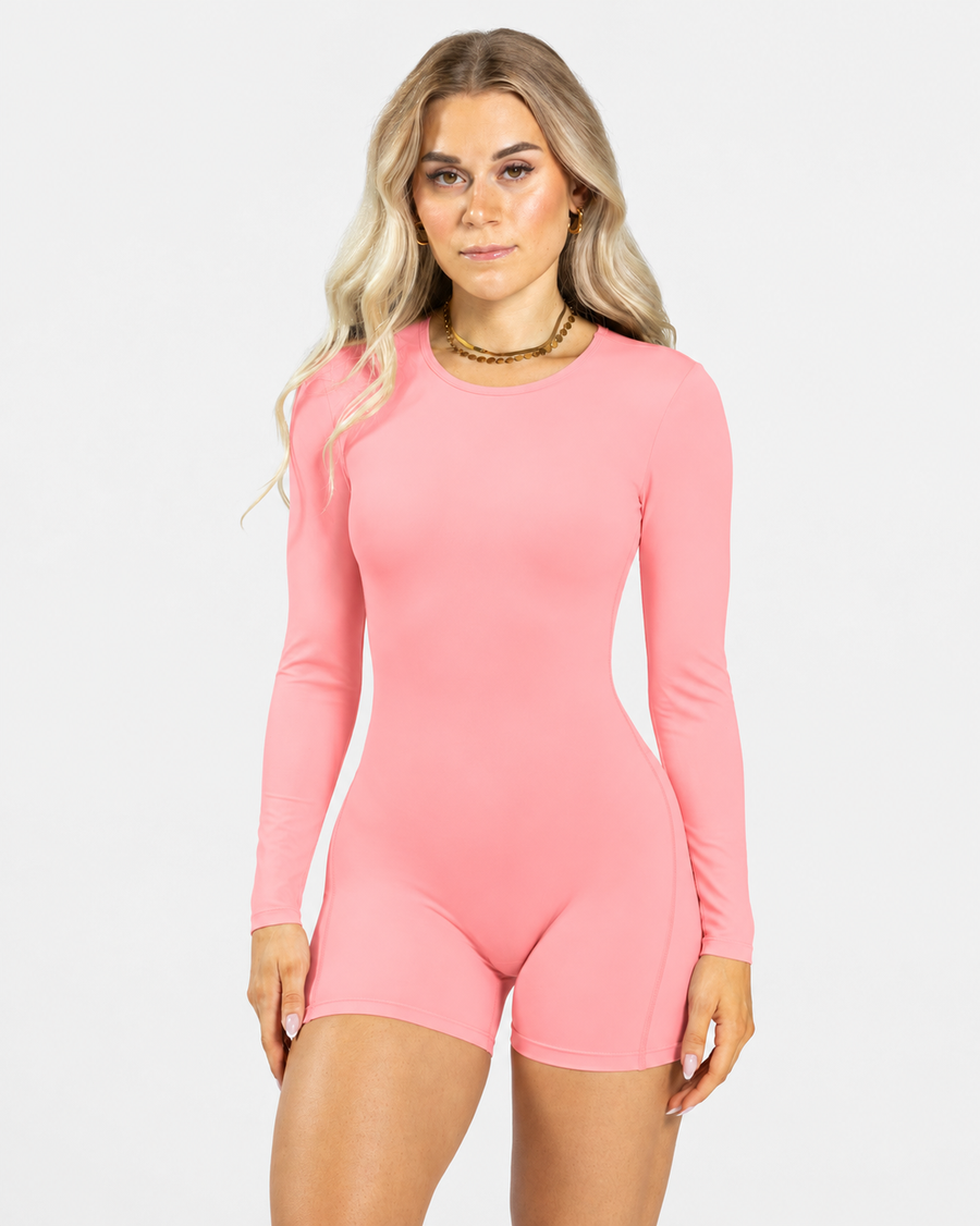 Petite Long Sleeve Open Back Romper in Peach