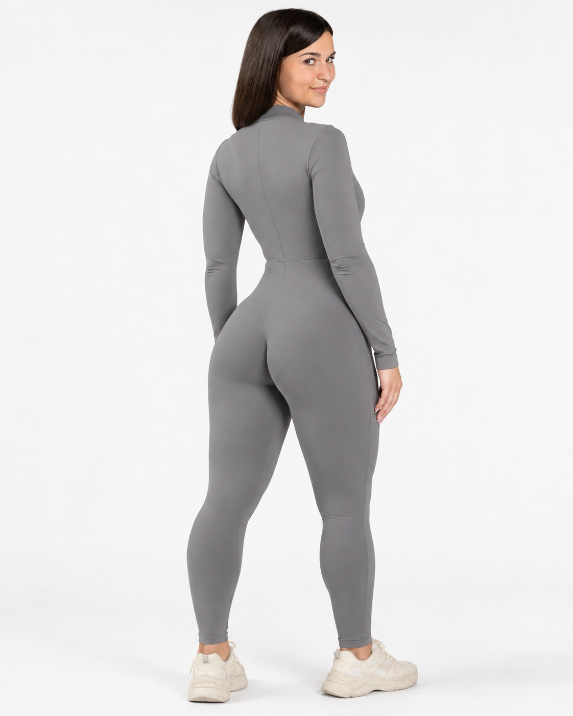BEXIA Petite Long Sleeve Zip Jumpsuit in Grey — back view