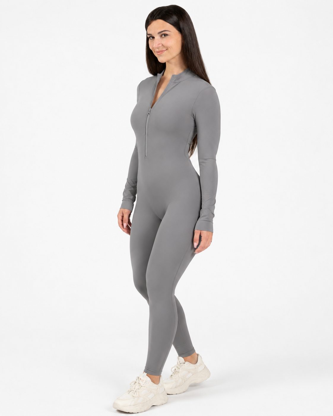 BEXIA Petite Long Sleeve Zip Jumpsuit in Grey — front view