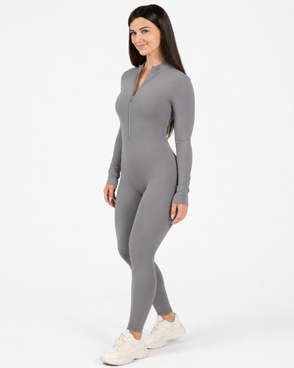 BEXIA Petite Long Sleeve Zip Jumpsuit in Grey — front view