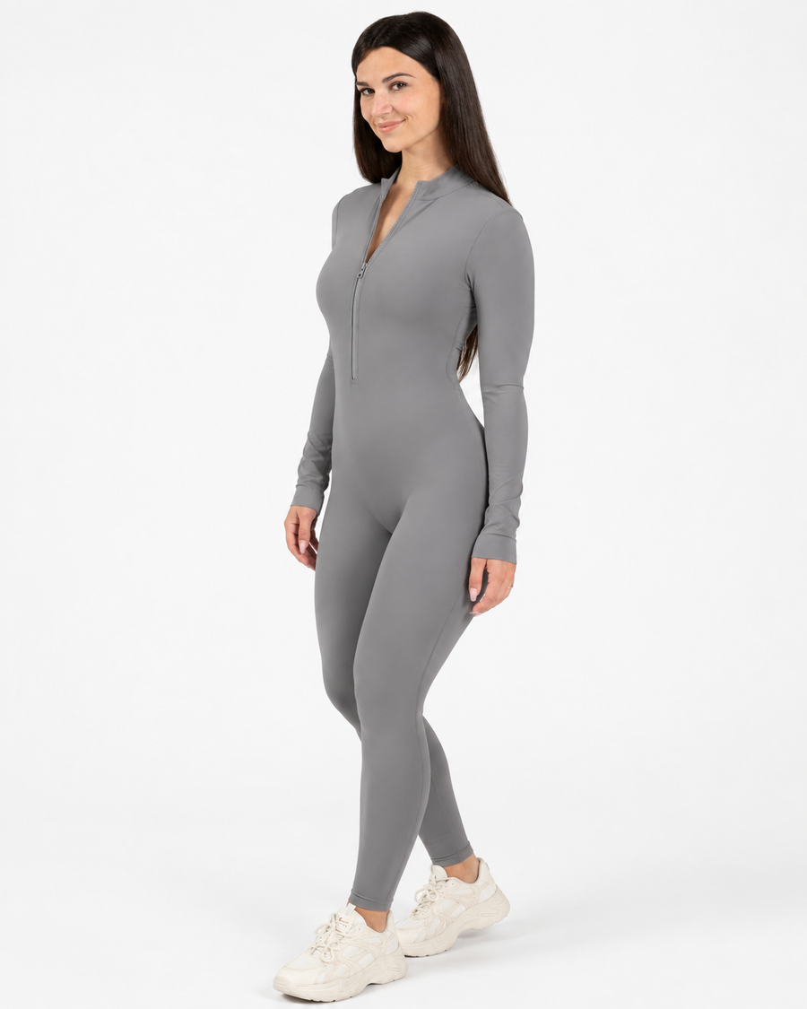 Petite Long Sleeve Zip Jumpsuit in Grey