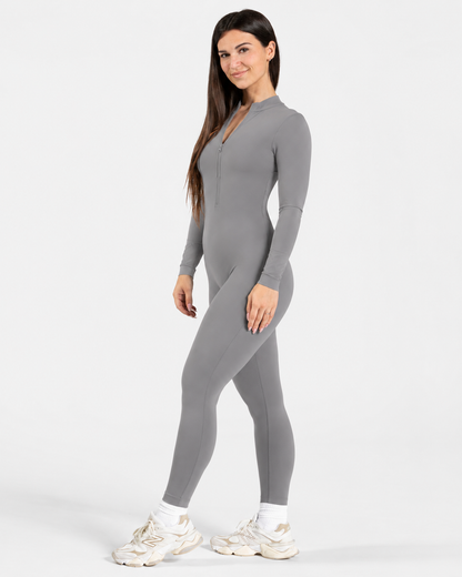 BEXIA Petite Long Sleeve Zip Jumpsuit in Grey — full-length front view